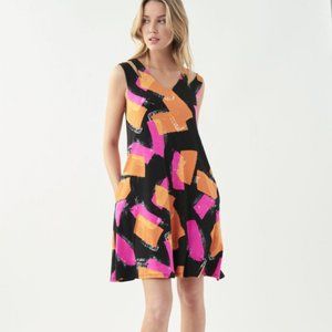 JOSEPH RIBKOFF black orange magenta abstract print sleeveless jersey dress